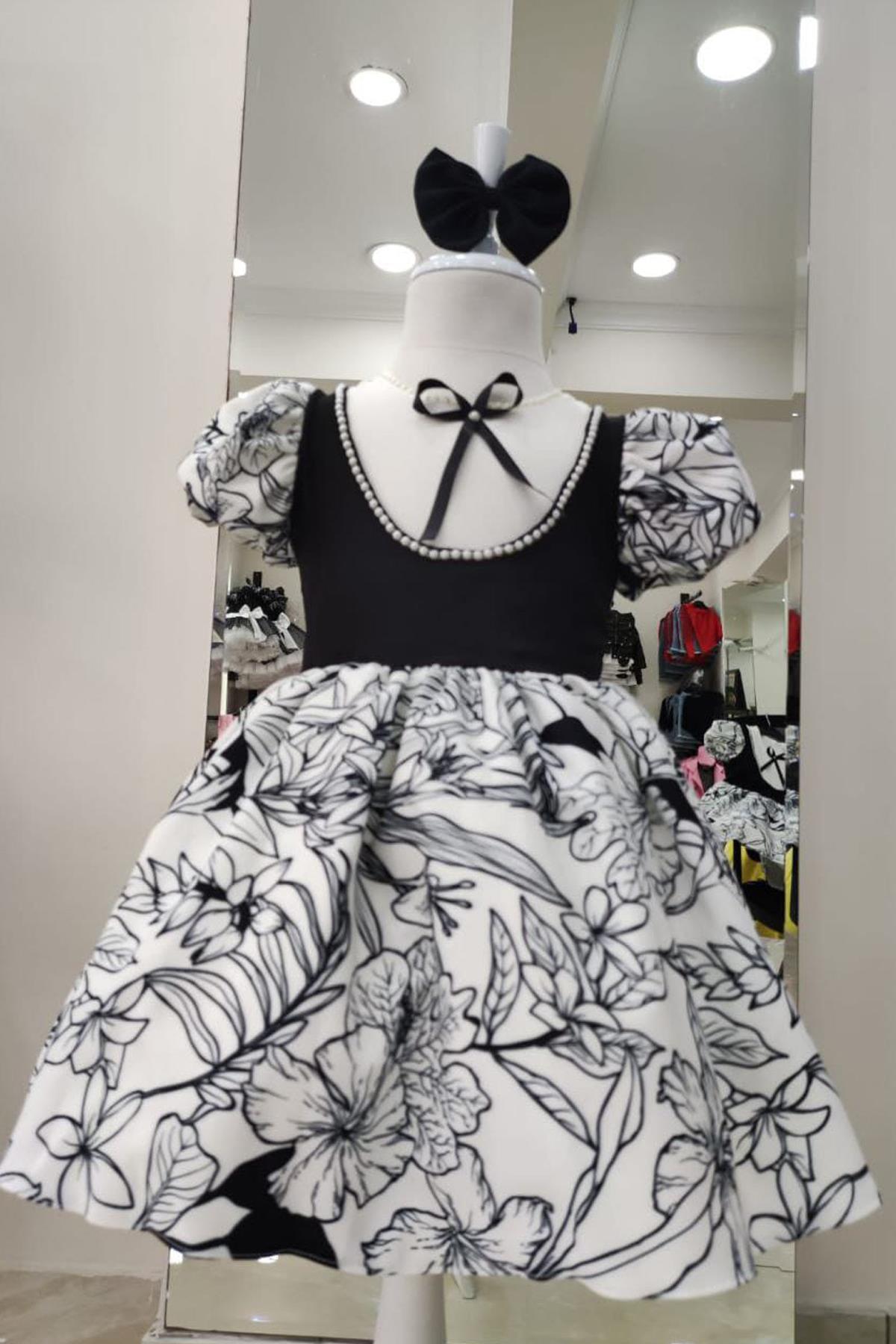 

Girl s Pearl Detailed Crew Neck Balloon Sleeve Floral Patterned Black Dress