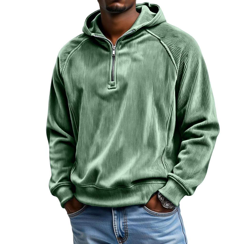 Men's  Leisure  Corduroy  Shoulder  Insertion  Half   Zipper  Hooded  Hood  Hoodie