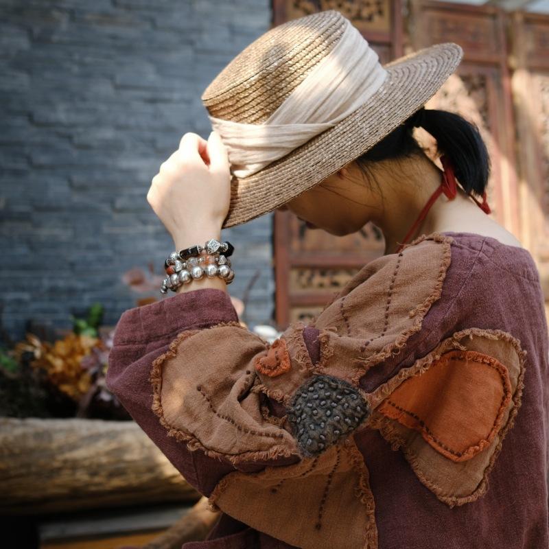 Johnature Women Vintage Patchwork Floral Trench Solid Color Linen Coats Autumn Long Sleeve Chinese Style Long Trench