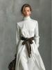 2025 Women's High Neck Long Sleeve Midi Dress with Color Block Belt