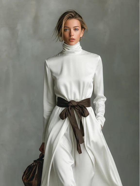 2025 Women's High Neck Long Sleeve Midi Dress with Color Block Belt