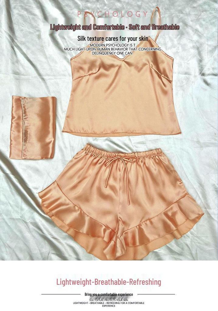Set de pijamale din 3 piese pentru femei, la modă, cu bretele subțiri, top scurt și pantaloni scurți