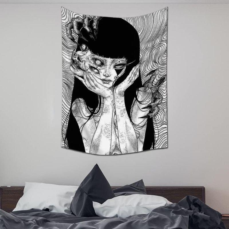 Dark Aesthetic Sketch Wall Tapestry Spooky Horror Lady With Weird Claw Print Wall Hanging Bedroom Halloween Decor Cloth