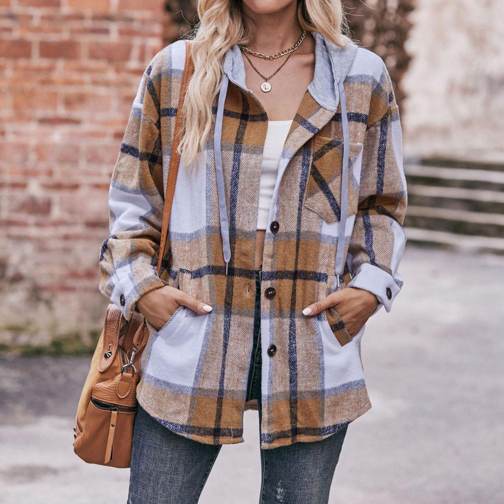 Veste Chemise Décontractée à Carreaux Manches Longues Boutonnée à Capuche à Poches Cordon de Serrage Mode Femme