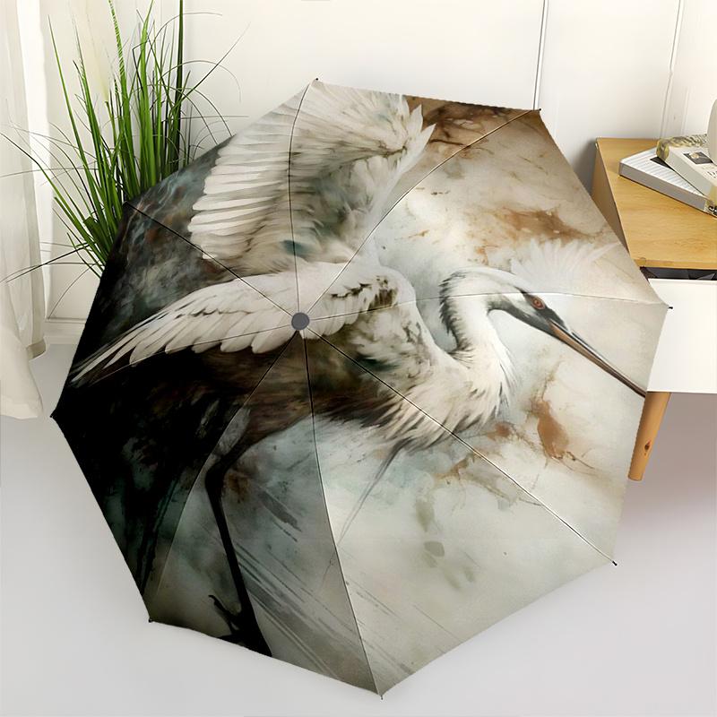 

1pc Elegant White Crane Art Print Auto Open Close Umbrella, Portable Folding Design with 8-Bone Iron Frame, Perfect Outdoor for Fans, Travelers,