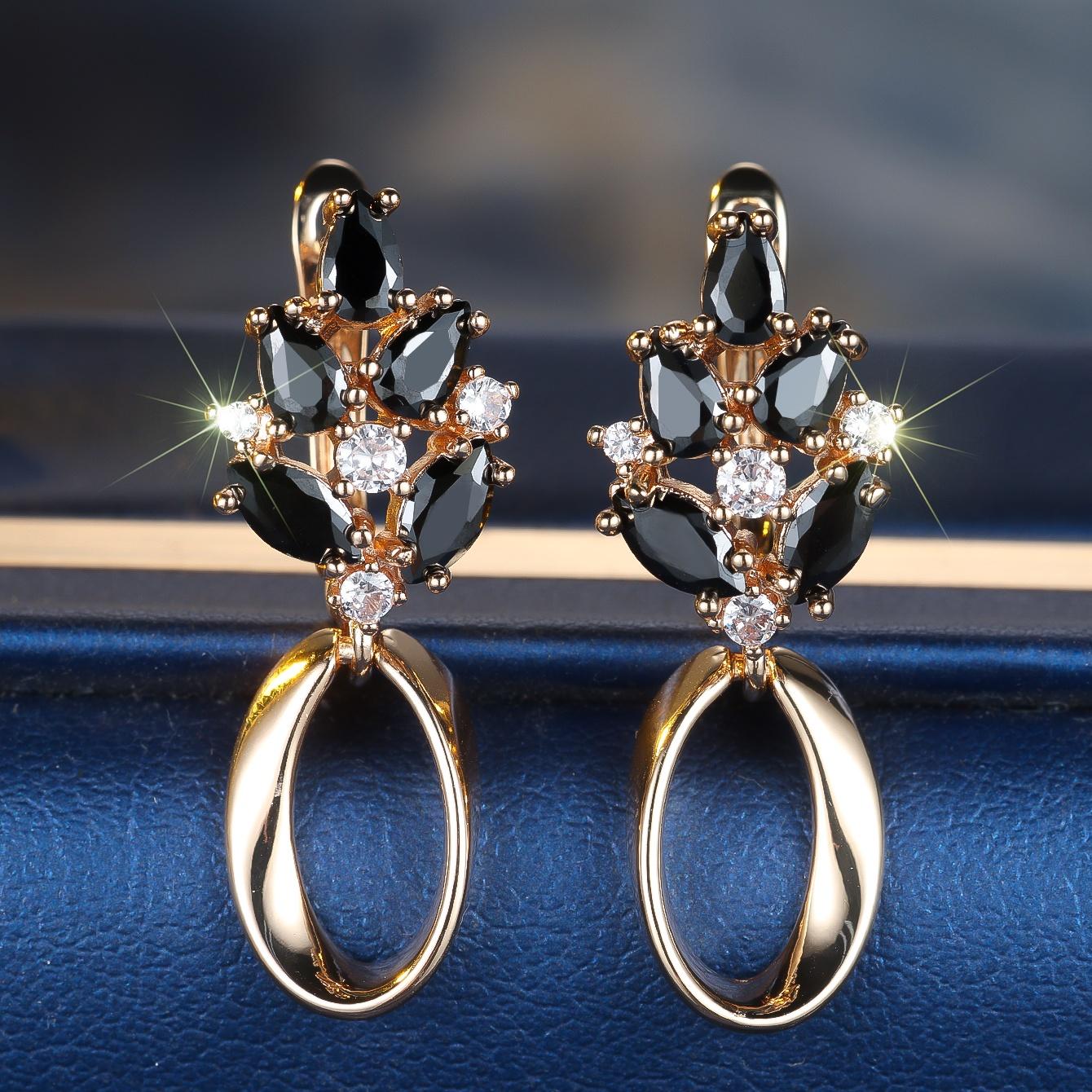 Черные Циркониевые Серьги-Кольца Цветок Роскошные Женские Золотого Цвета Свадебные Для Женщин