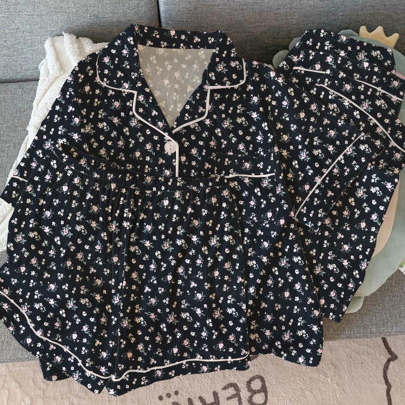 Retro French Small Floral Wrinkled Pajamas Women'S Spring Summer Short Sleeves Casual And Comfortable Three-Piece Set