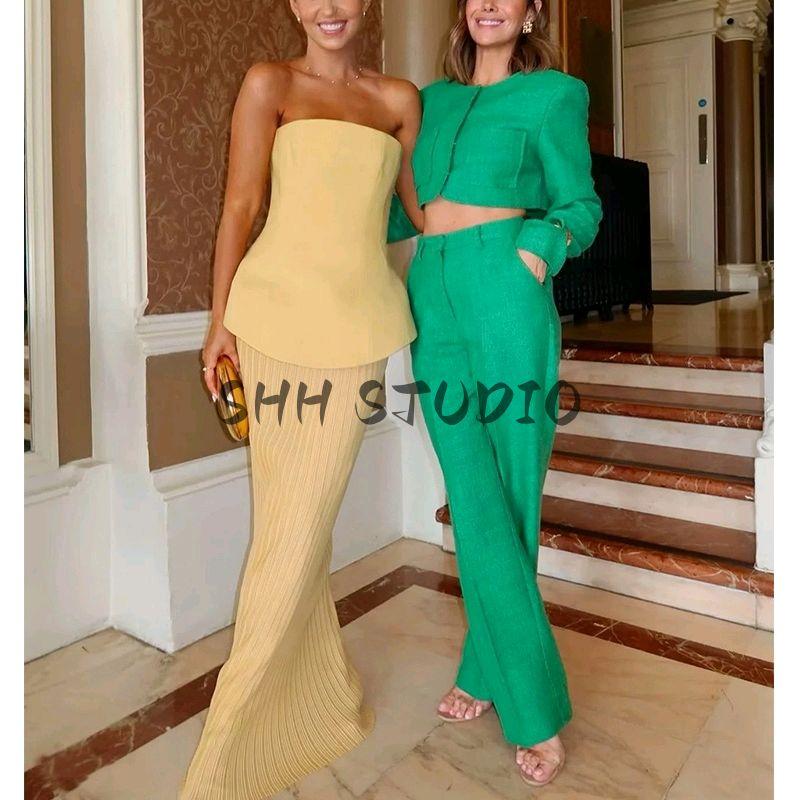 Spring New Women's Clothing Casual Minimalist Waist Trimming Short Tube Top Tops + High Waist Pleated Skirt Two-piece Set