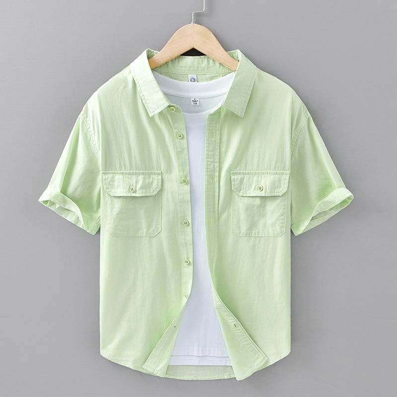 Einfaches Freizeit-Baumwollhemd für Herren Kurzärmlig Sommer Locker sitzend Doppelpattentaschen Arbeitshemd