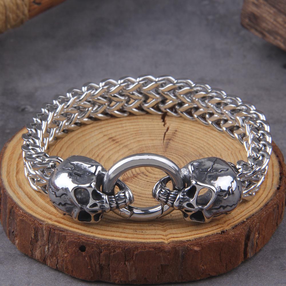Stainless Steel Nordic Double Wolf Head Bracelet Men s Retro Punk Mesh Chain Animal Bracelet Hip Hop Rock Trend Jewelry