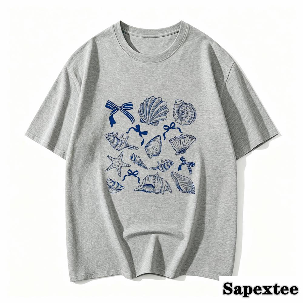 Summer American Retro Y2k Marine Animal Conch Bow Pattern Tshirt Unisexs Loose Round Neck Street Clothing Halfsleeved Top
