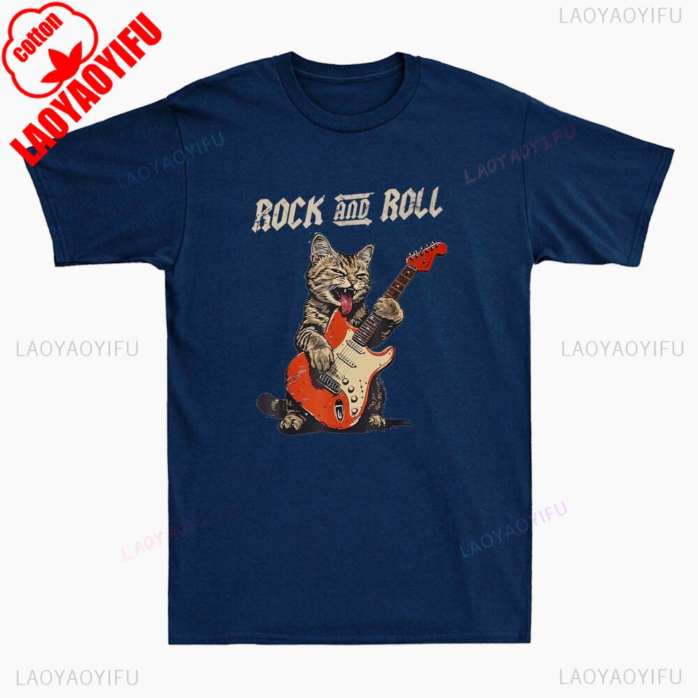 Rock and Roll Guitar Cat Tshirt Funny Cat Playing Guitar Graphic Vintage Mens TShirt Men Summer Crewneck Cotton Short Sleeve 4XL
