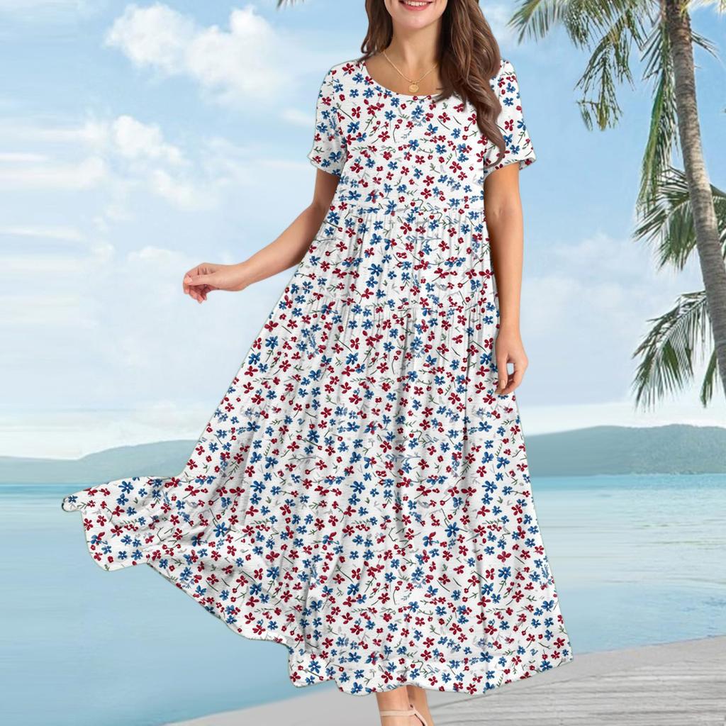 Damen Lässiges Lockeres Böhmisches Kleid mit Blumenmuster und Kurzen Ärmeln