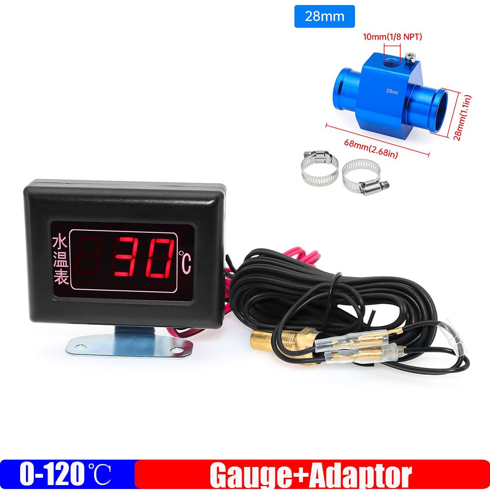 ZMFJH Mini 0-120 Celsius Digital Water Temperature Gauges with Flashing Alarm+Temp Adaptor 26-40mm Red LED for Car Truck 12V 24V
