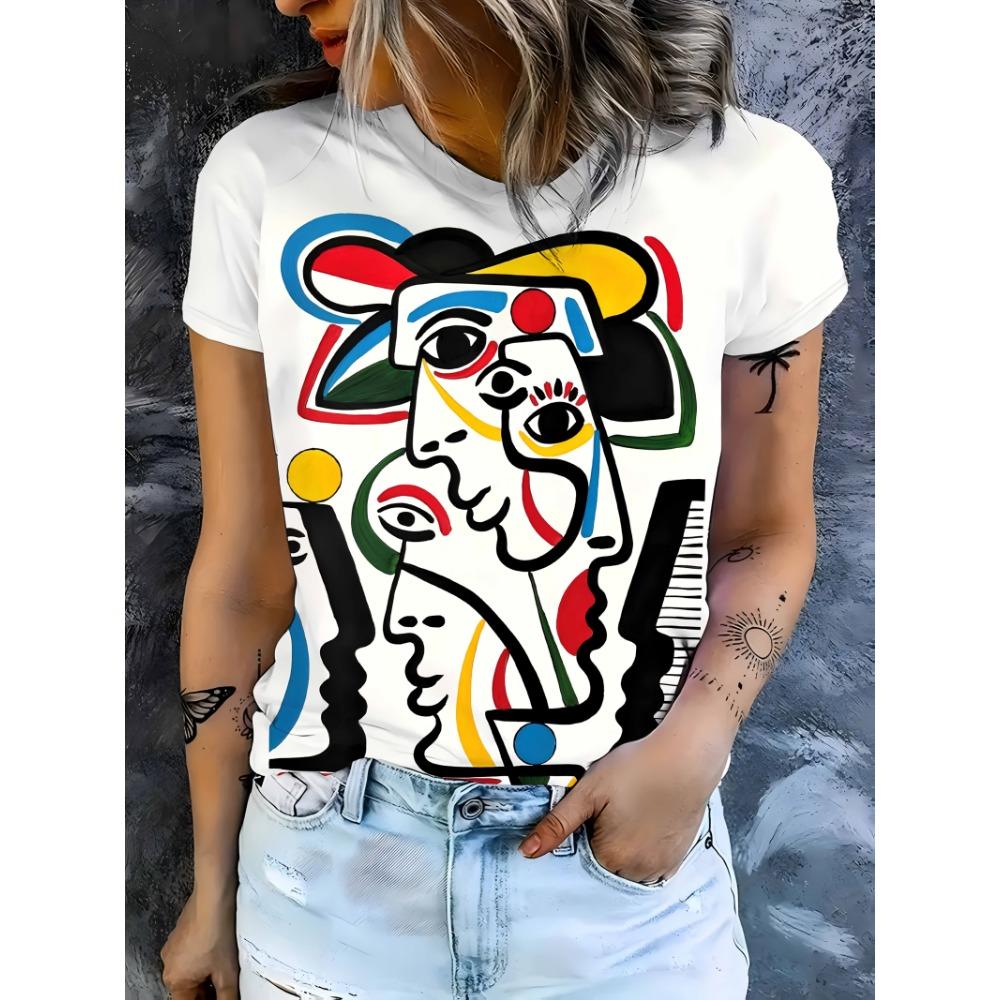 Abstract face printed T-shirt, women's fashionable top
