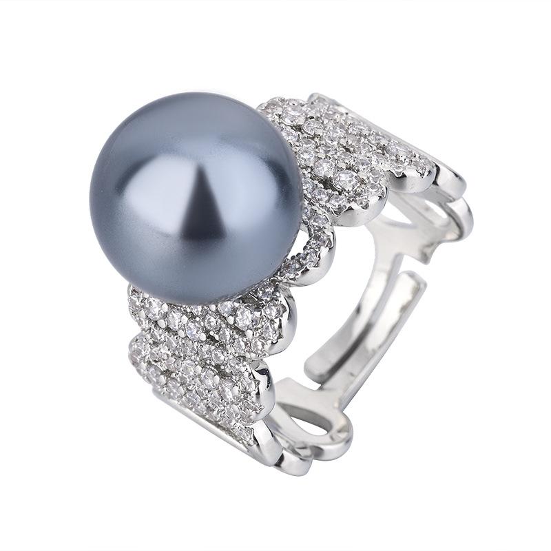Jewelry Copper Platinum Plated Row Ring Pearl Temperament Personality Women'S Ring 12Mm