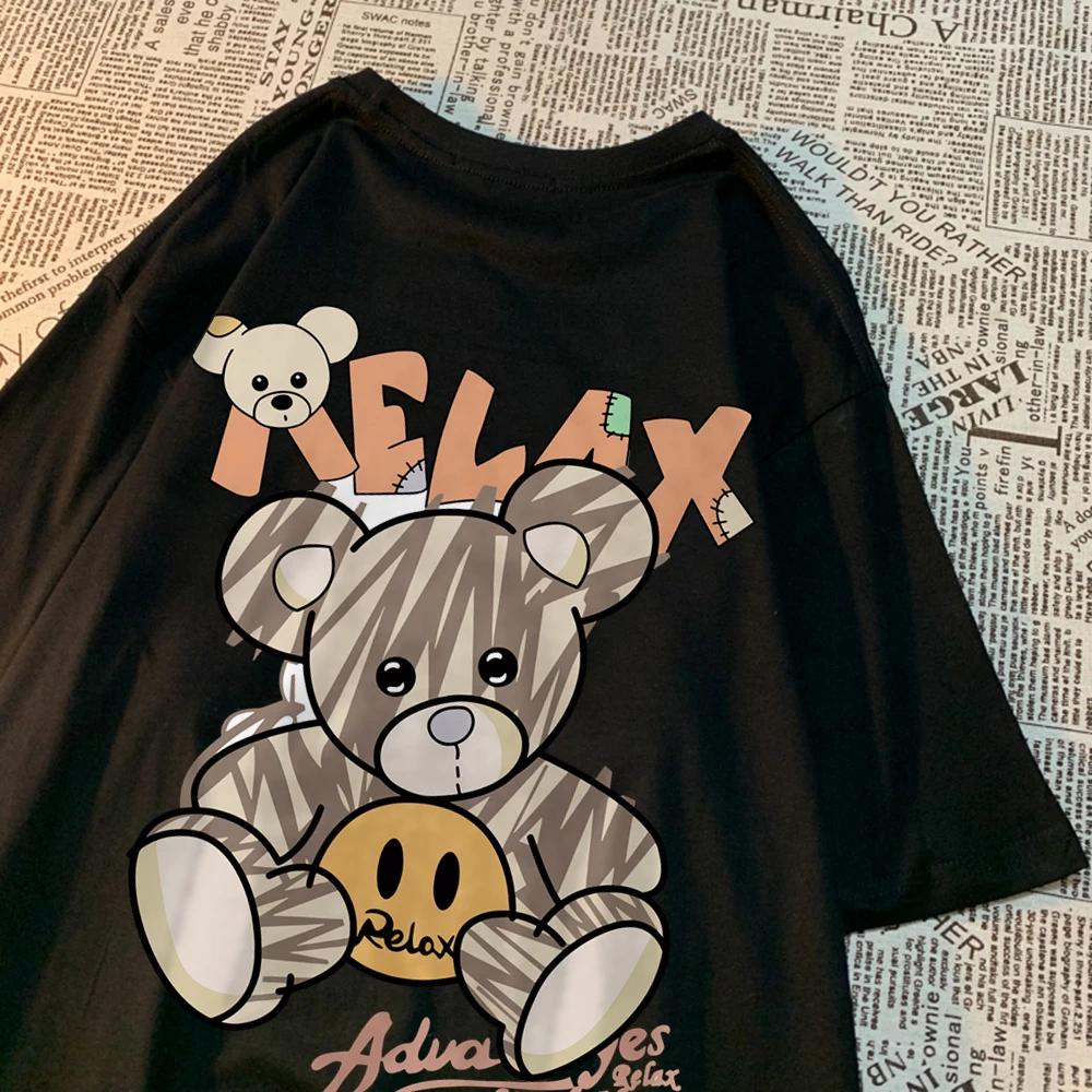 Relax Oneself Teddy Bear Men Women T-Shirt Street Cotton T Shirt Crewneck Breathable Tops Loose Summer T Shirt Crewneck Fashion