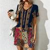 Summer Fashion Women's V Neck Short Sleeve Retro Geometric Pattern Printed  Dress Sex Short Skirt Dresses