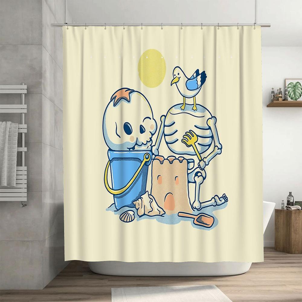 Unframed Cute Cartoon Baby Playing With Sand Beach Themed Shower Curtain Bathroom Decor Waterproof Fabric Seaside Ocean Vibes Ki