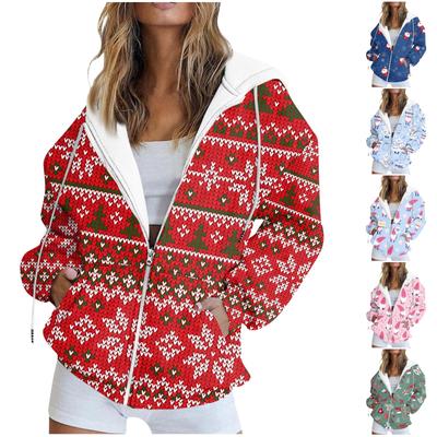 Women's Fashion Casual Christmas Printing Sweatshirt Pocket Jacket Zipper Hoodie