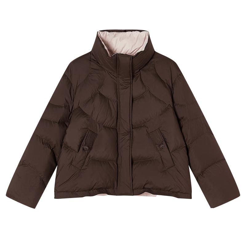 Women's Short Brown Stand Collar 90% Duck Down Jacket
