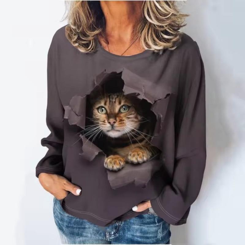 Plus Size Autumn and Winter New Women's Loose Casual T-shirt Printed Pattern Pullover Knit Sweater Autumn and Winter Tshirt