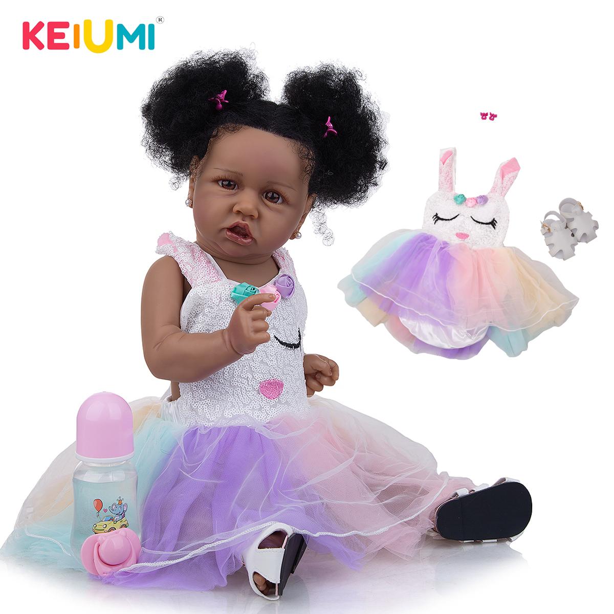 

57см Ручной работы Волокна Волосы Возрождение Детские куклы Черная кожа Силиконовое полное тело Реалистичный Малыш Возрожденная Девочка Кукла Детский день Подарки