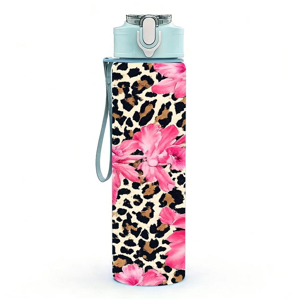 1PC Pink Floral Leopard Mixed Pattern Print 750ml Color Plastic Sports Water Bottle Leakproof Flip Straw Lid Suitable for Sports Office Home Use