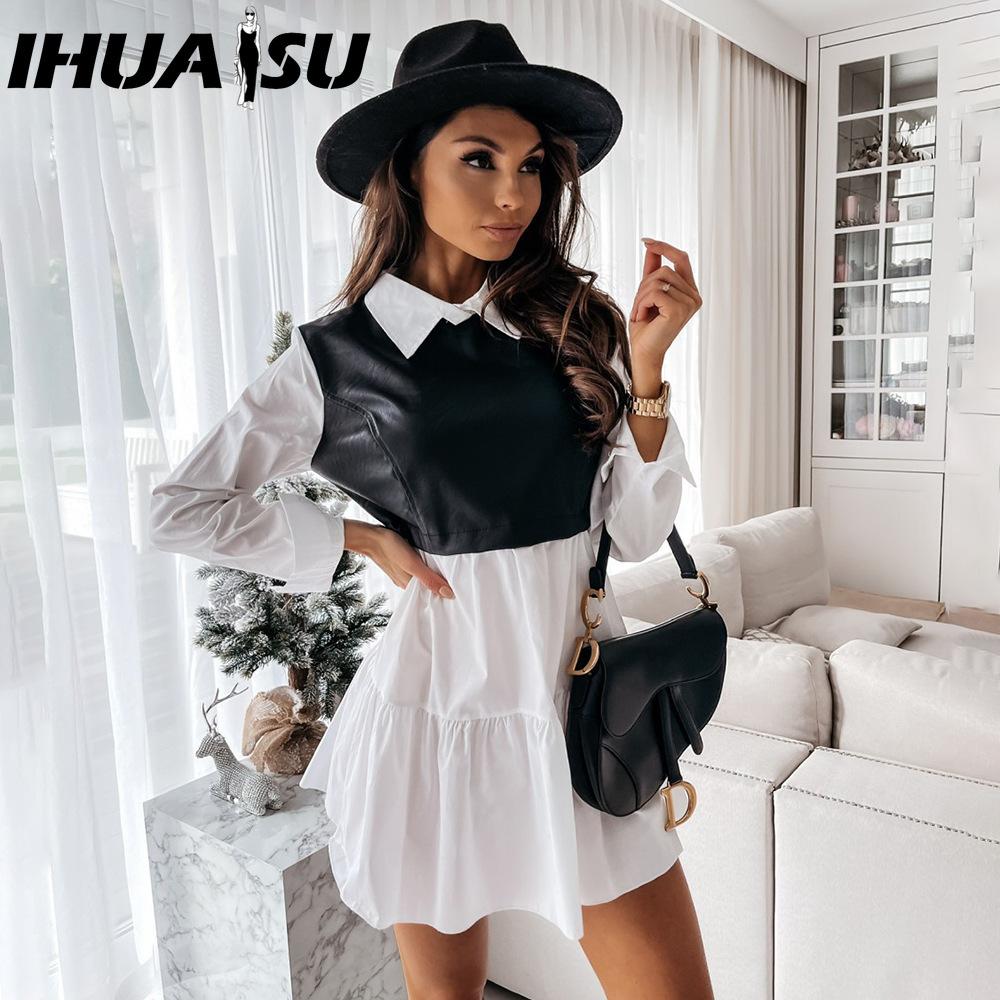 IHUASU Vestido de Cuero a Cuadros Patchwork para Mujer, Minivestido de Fiesta Casual, Vestido de Primavera con Volantes