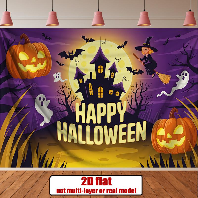 Party Backdrop Halloween Castle Flat Banners Spooky Scene Pumpkin Ghost Celebrations Photo Background Decor Front Door Decor