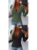 Women's Autumn Ribbed Knit V-Neck Slim Fit Long Sleeve Button Pullover