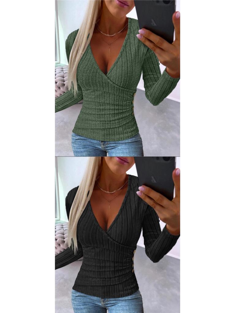 Women's Autumn Ribbed Knit V-Neck Slim Fit Long Sleeve Button Pullover