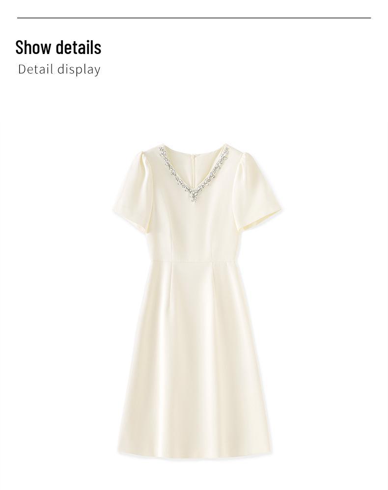 V-Neck Rhinestone Short Sleeve Dress - French Style, High-Quality Women's Summer Fashion