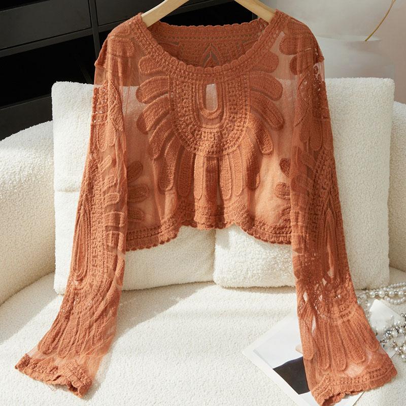 Women's Summer Long Sleeve Lace Mesh Sunflower Embroidered Pullover Swimsuit Cover Up Beach Vacation Outerwear Sun Protection Top