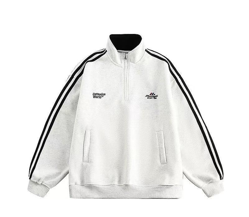 Men's Striped Heavyweight Half-Zip Hoodie, Loose Fit with Letter Embroidery and Stand-Up Collar - Versatile Autumn/Winter Sportswear Jacket