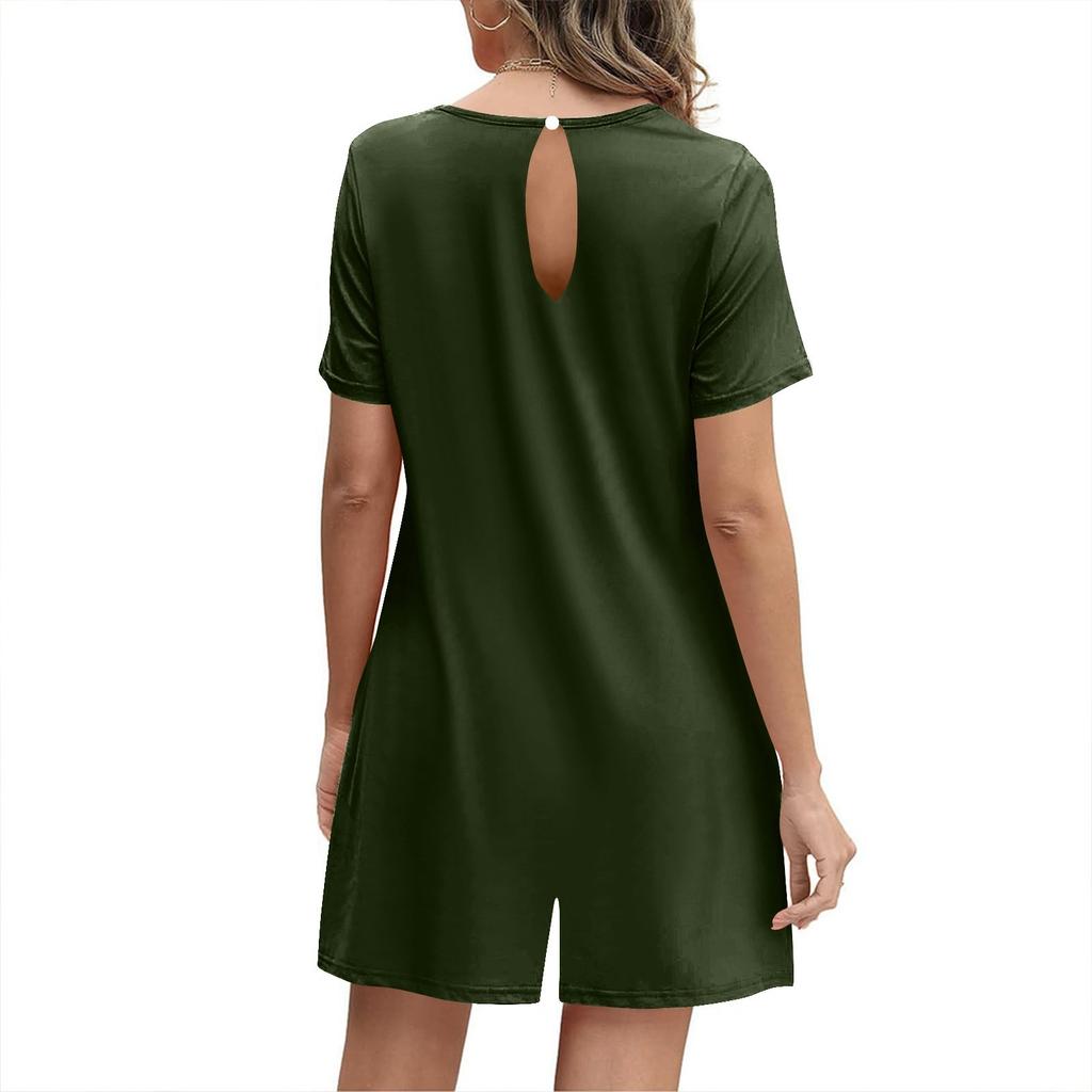 Damen Modischer und Lässiger Kurzarm-Plissee-Taschen-Jumpsuit Bedruckter Jumpsuit Shorts