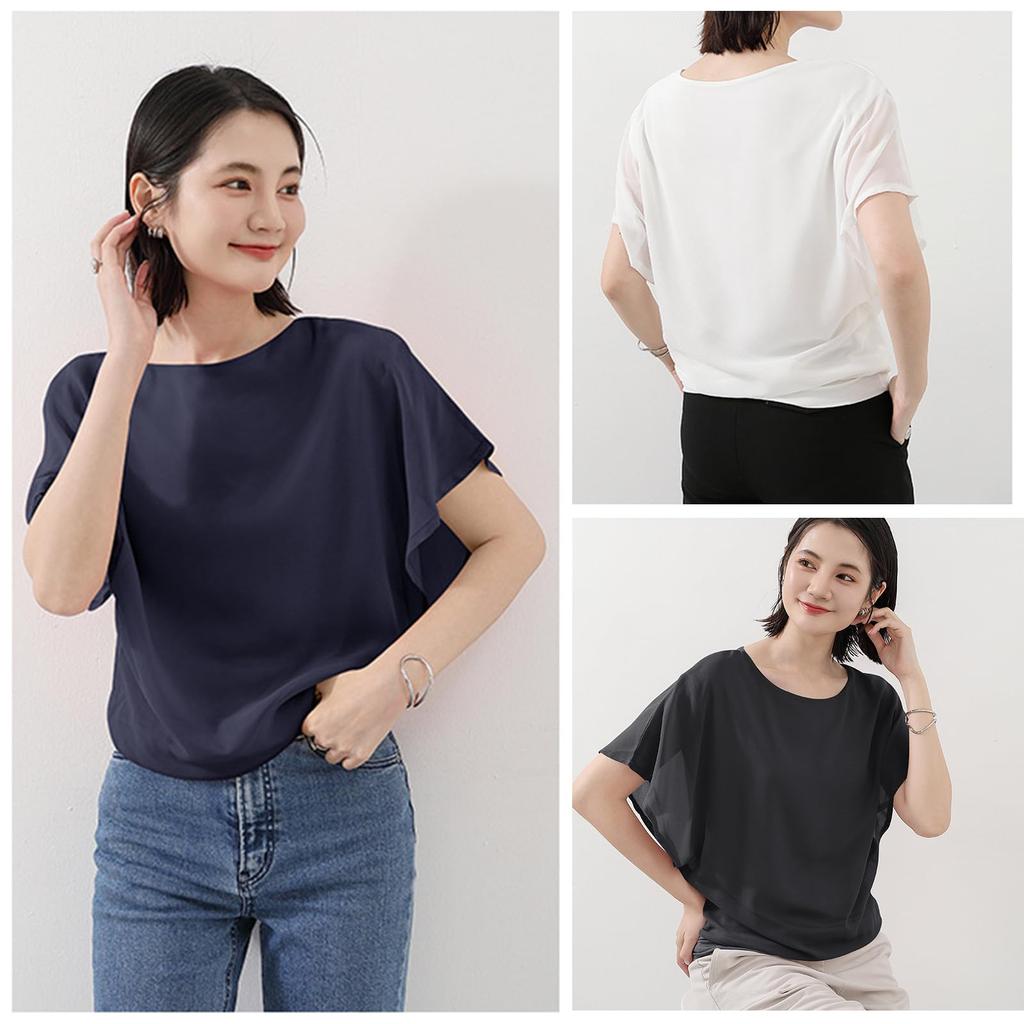 WoauNuiHll Short Sleeve Chiffon with Dolman Voluminous Solid Loose Perfect for and Fall Women's T-Shirt Sleeves, Lined, U-Neck, Slimming, Sleeves,