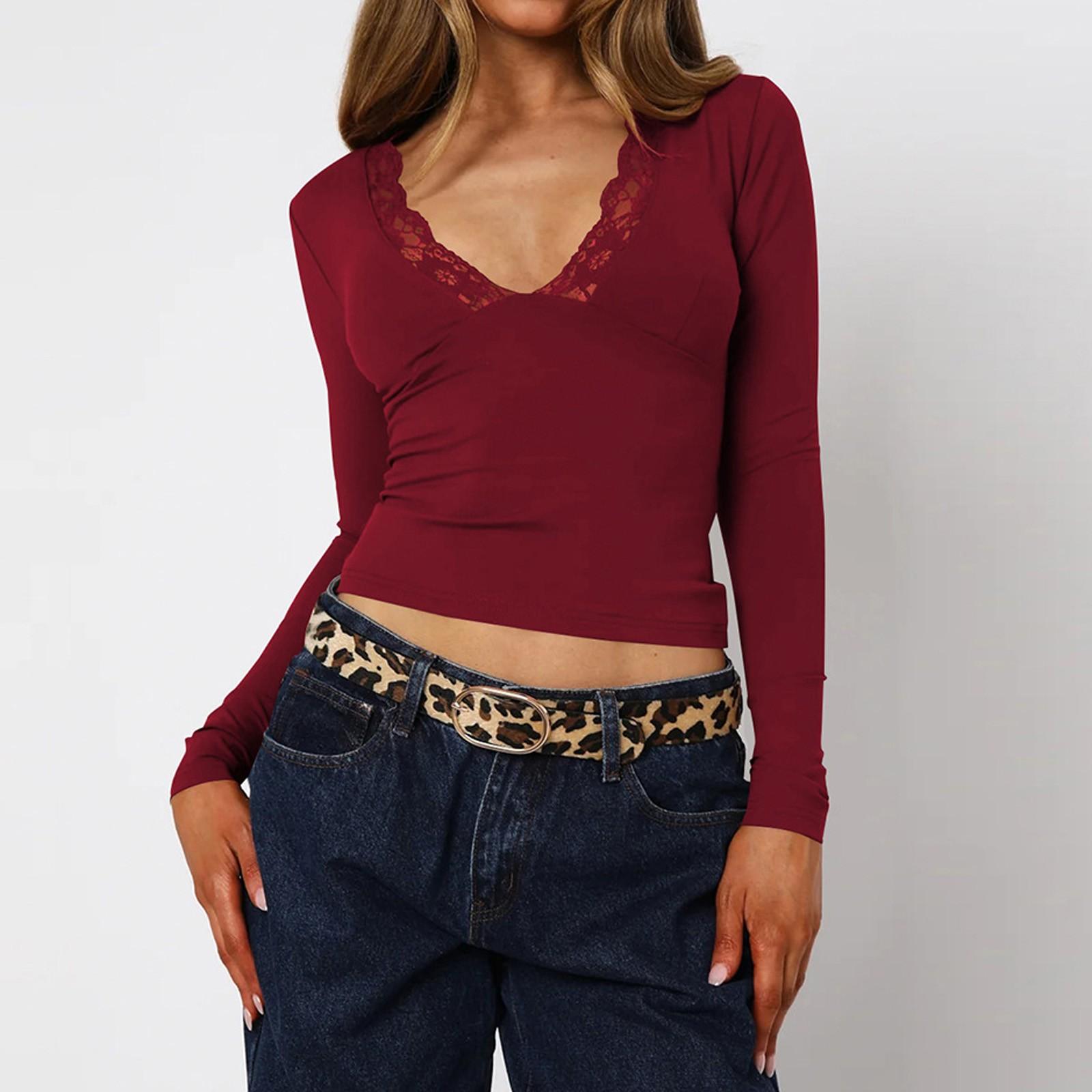 

Жіночі довгі рукави укорочені топи сексуальні V-подібним вирізом обробкою мереживні футболки осінь мода тонкий приталений футболки M винний