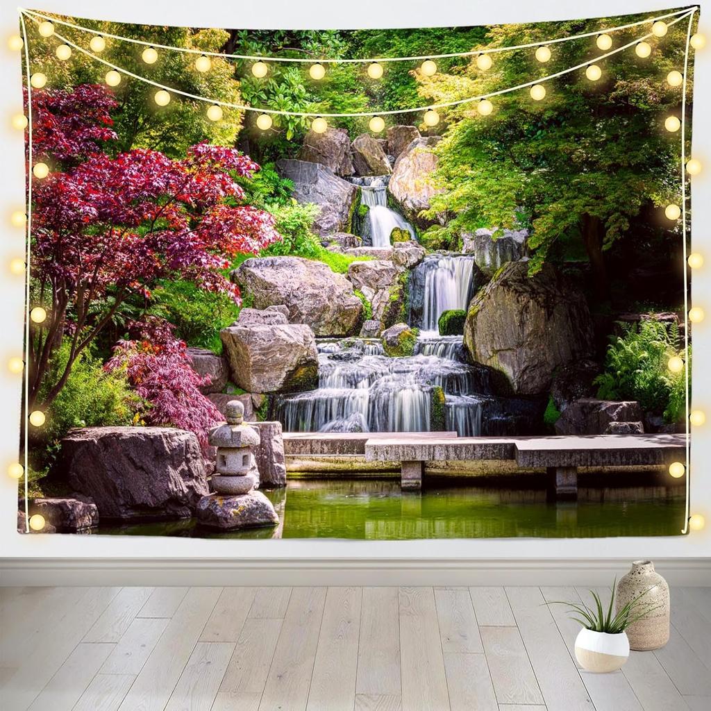 Garden Waterfall Tapestry Japanese Green Garden Zen Lake Pond Stone Wall Hanging Maple Trees Bridge Kyoto Park Tapestries for
