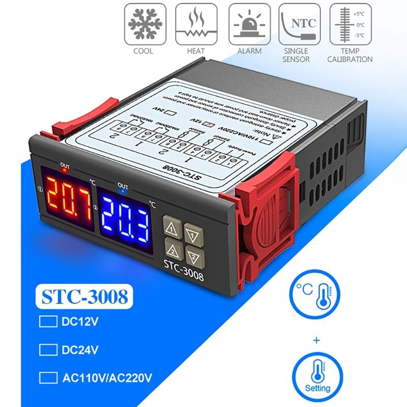 12/24/110-220V Double Probe Sensors Temperature Thermostat Controller Digital Double Display Thermostat for Refrigerator
