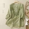Southeast Asian Retro Embroidered Cotton Linen T-shirt: Summer 2024 Plus Size for Middle-Aged and Elderly Women