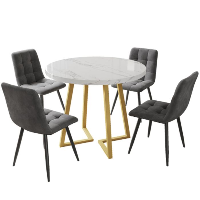 Ensemble de table à manger - MUVOE - Table ronde 80 cm - 4 chaises en velours - Métal - Design contemporain