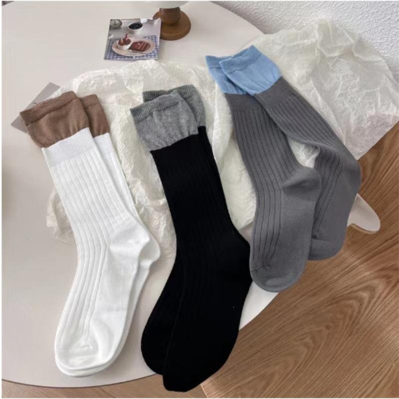 Women's Spring and Autumn Pure Cotton Vertical Striped Calf Puffy Socks