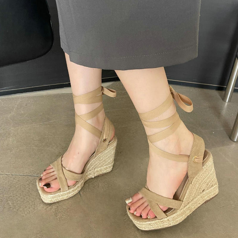 

Fashion Hemp Rope Wedge Heel Sandals, Women S Summer Roman Platform Waterproof Platform Soft Leather High Heels, 2025 Women S Shoes 34 абрикосовый