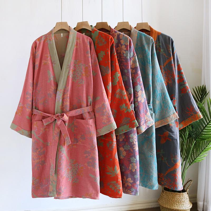 Dámská retro žakárová bavlněná yukata: Lehká jarní/podzimní noční košilka a pyžamo ve stylu kimona.