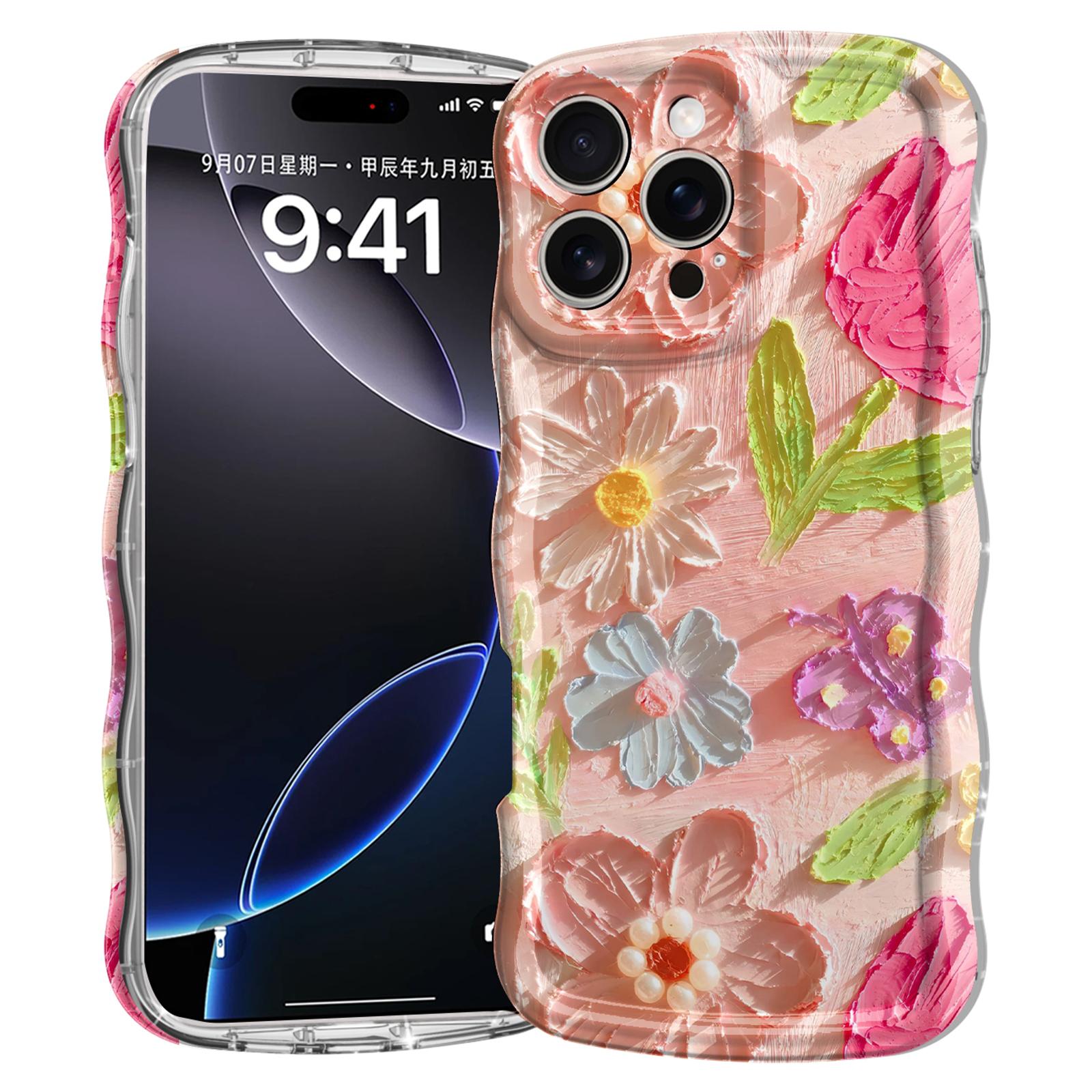 

For iPhone 16 Pro Max Case Curly Wave Frame Floral IMD TPU Phone Cover GWL10224