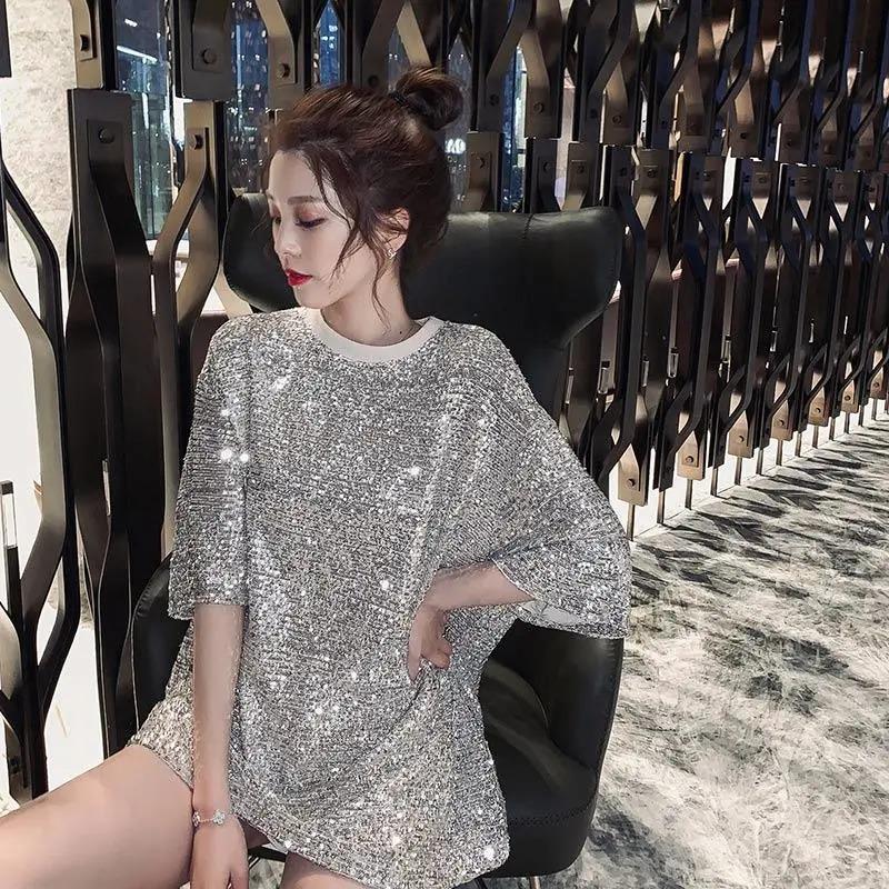 Koreanischer Frühling Sommer Midilänge BF-Stil Halbarm Pailletten T-Shirt Top Glänzend Locker Kleid