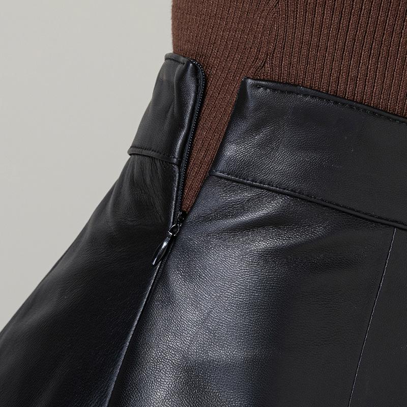 Genuine Leather A-Line High Waist Skirt for Women - Spring/Autumn Sheepskin Umbrella Skirt