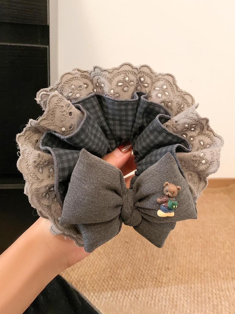 Korean Retro Gray Plaid Bow Lace Scrunchie - Oversized Hair Tie for Women, Suitable for Big Buns & Low Ponytails