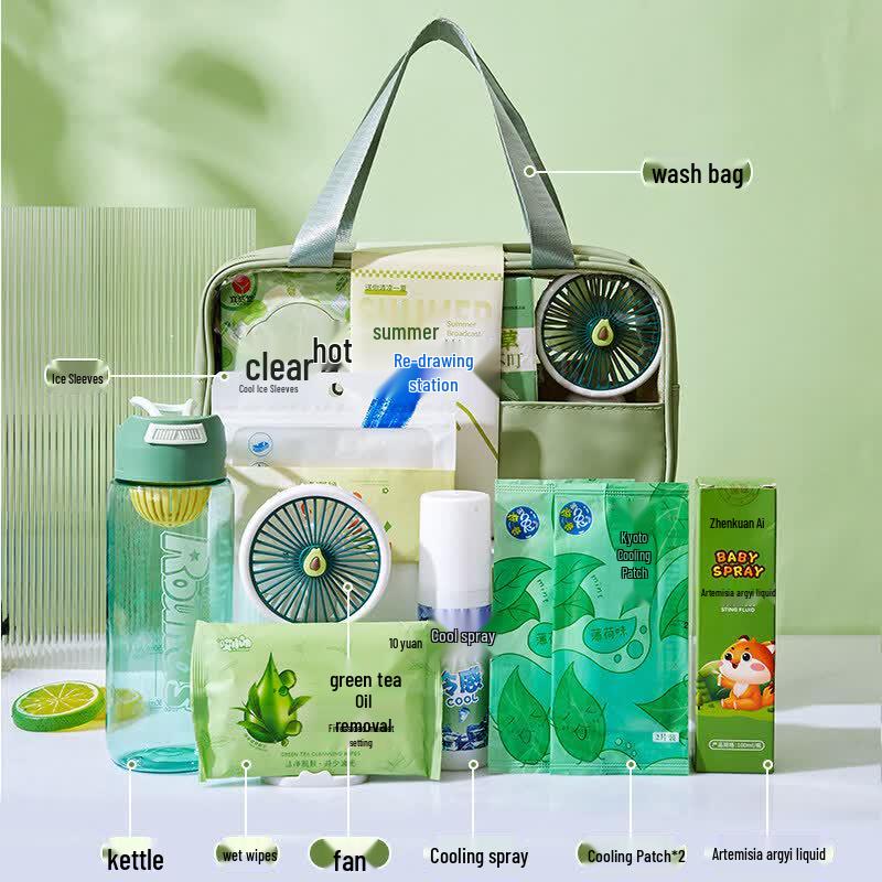 AQ Summer Cooling Gift Set Water Bottle + Fan + Wipes + Spray + Cooling Patch